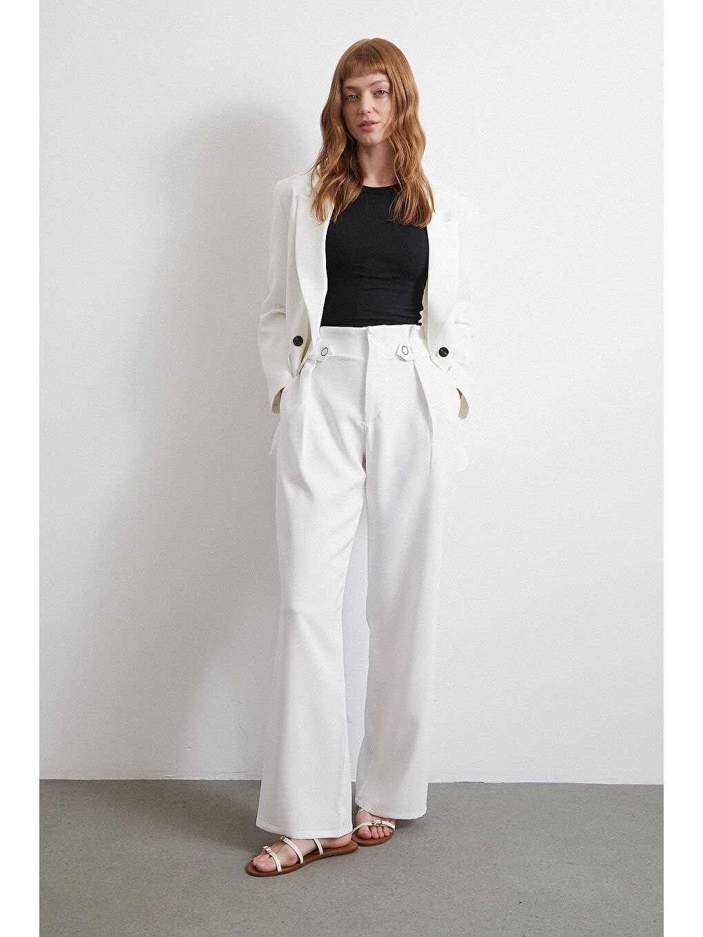 Never More Bel Detaylı Wide Leg Pantolon Ekru - 2