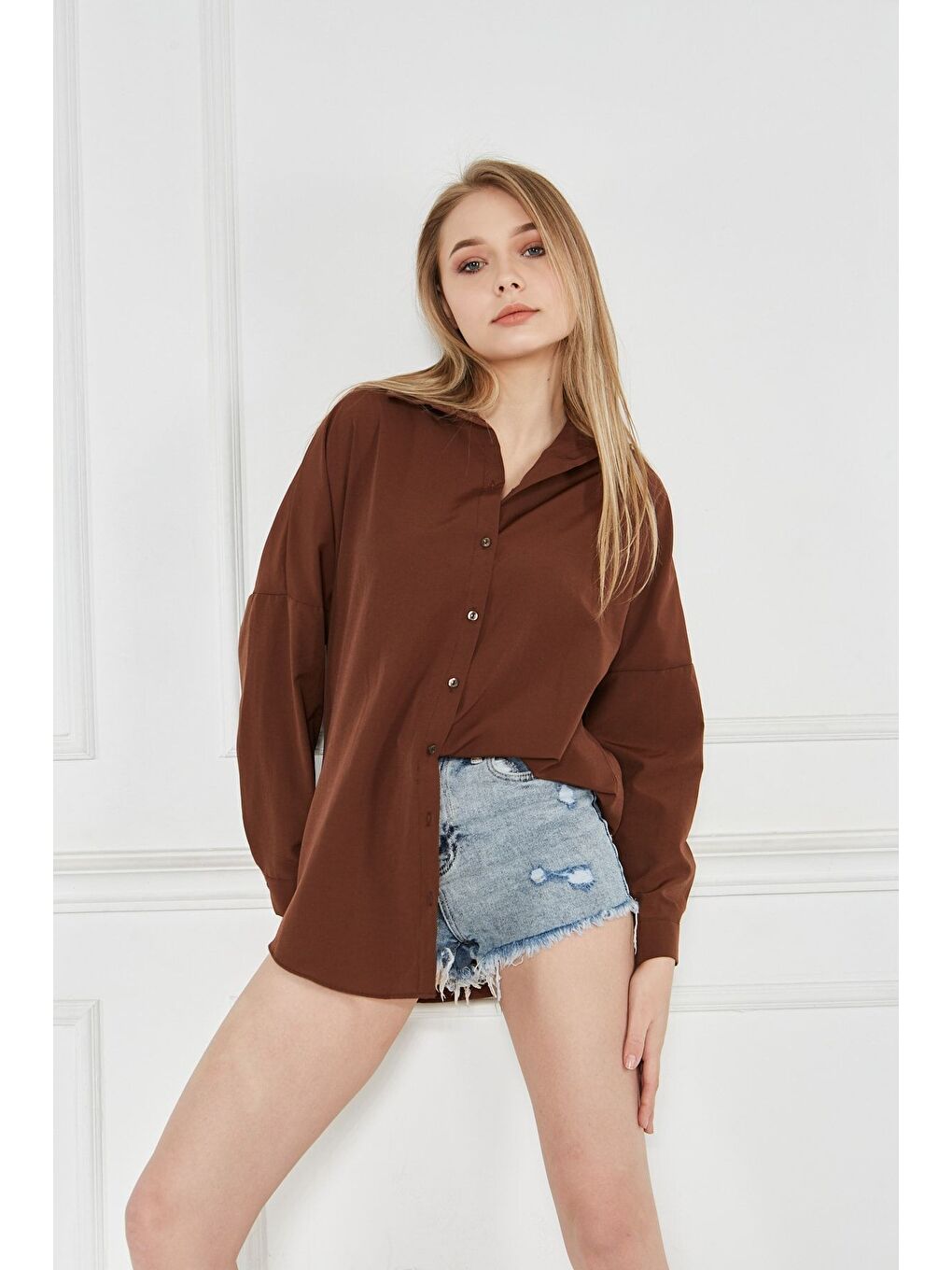 Kahverengi Kadın Oversize Uzun Basic Kahve Gömlek