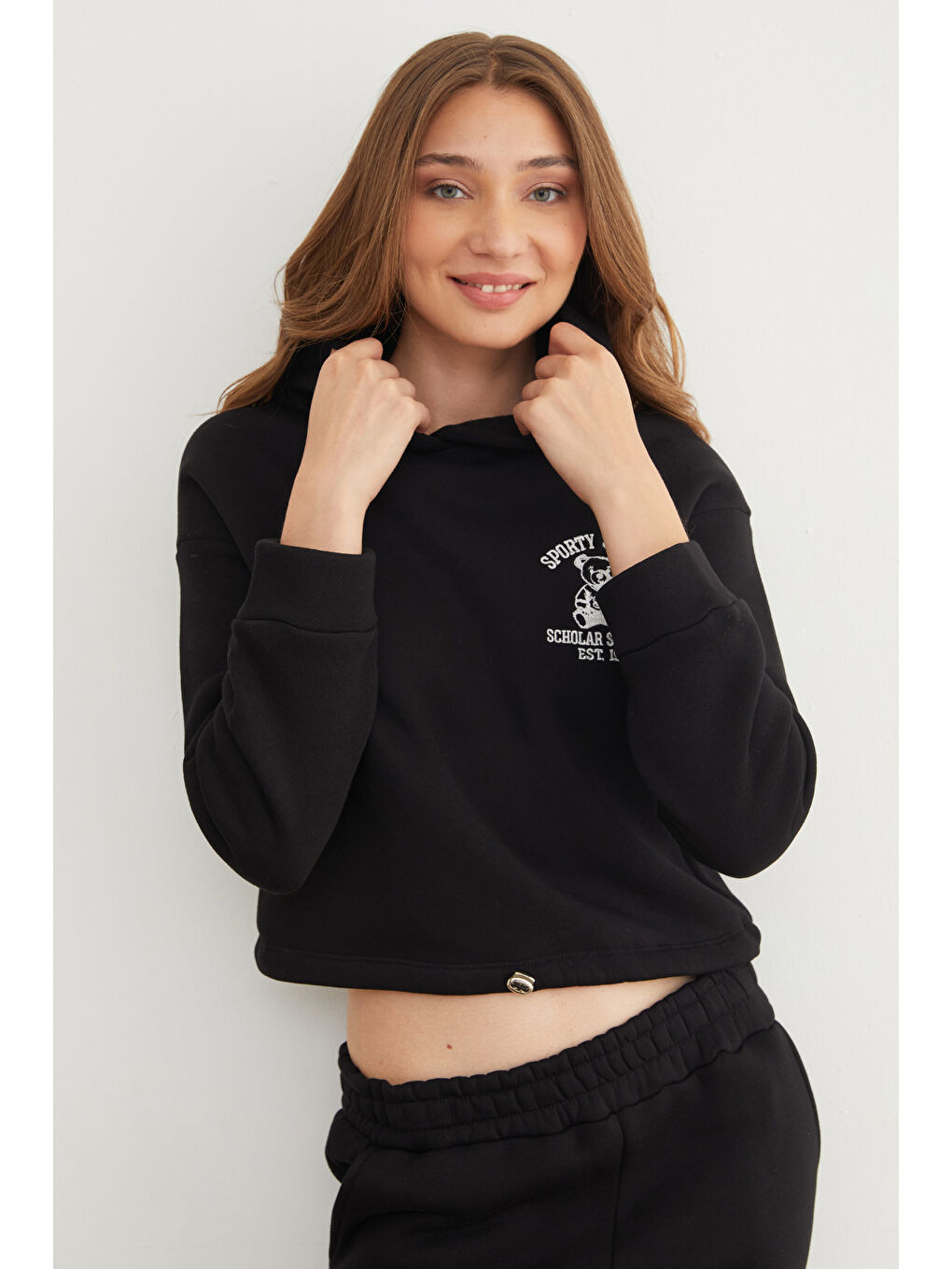 Siyah 3 İplik Ayıcık Nakışlı Kapüşonlu Jogger Takım-3