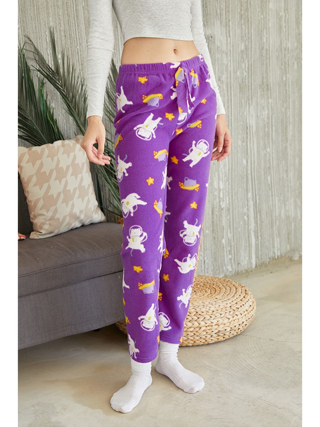 Mor Kedi Desenli Polar Pijama Altı-1