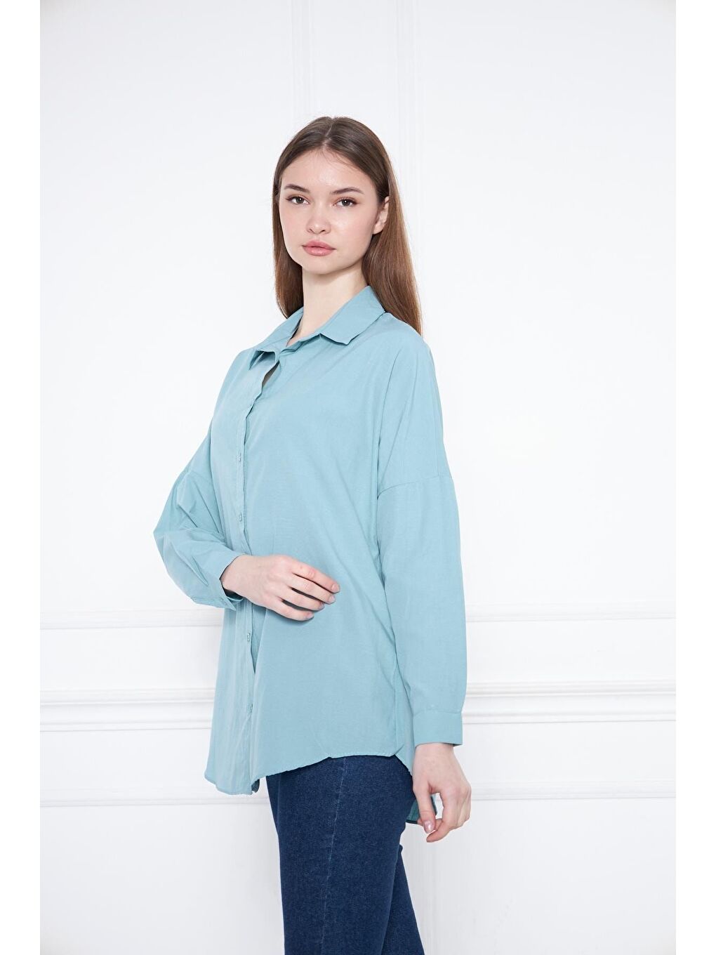 Turkuaz Kadın Oversize Uzun Basic Açık Mavi Gömlek-4