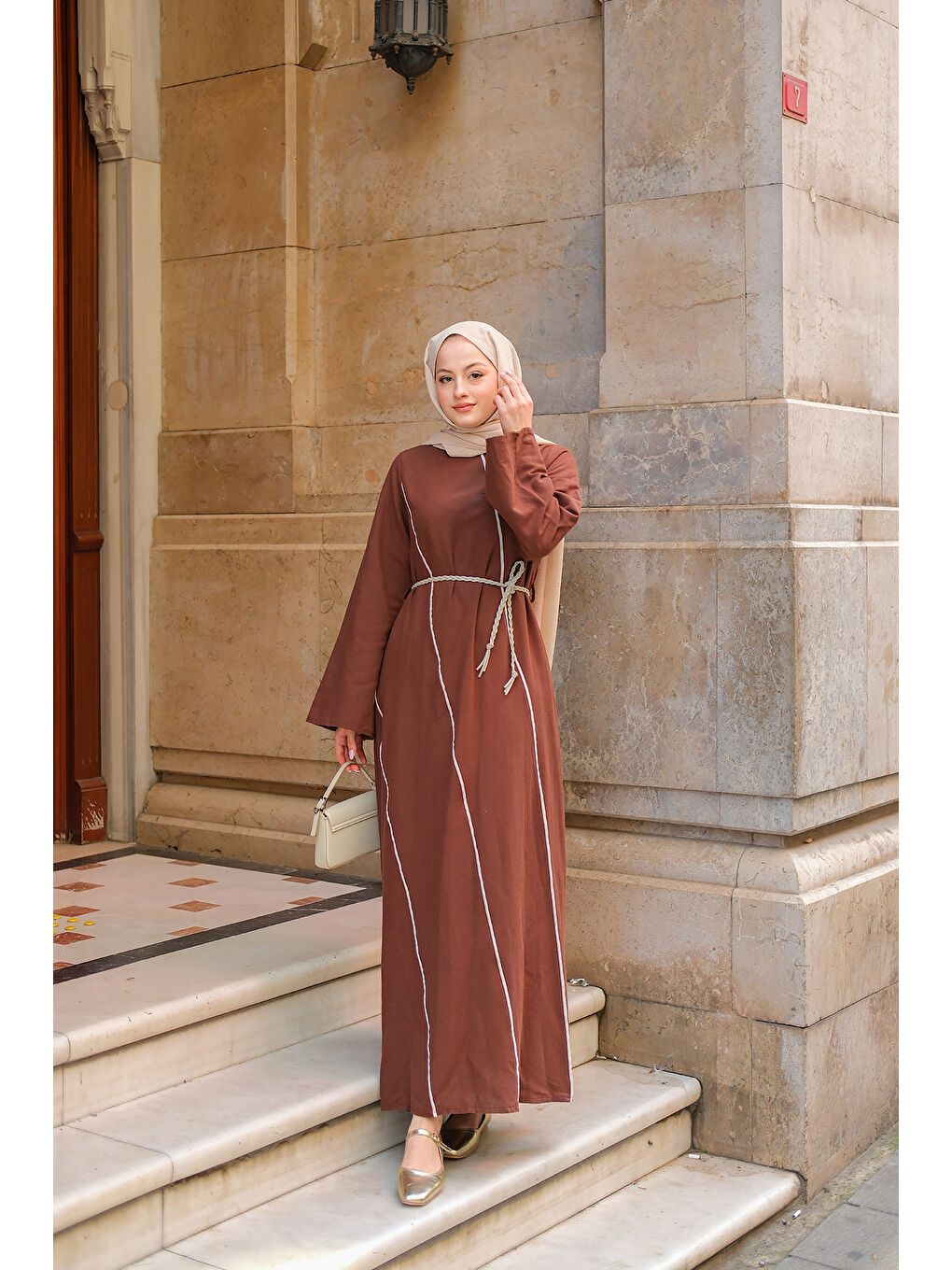 Kadın Hasır Kemerli Elbise Kahverengi-2