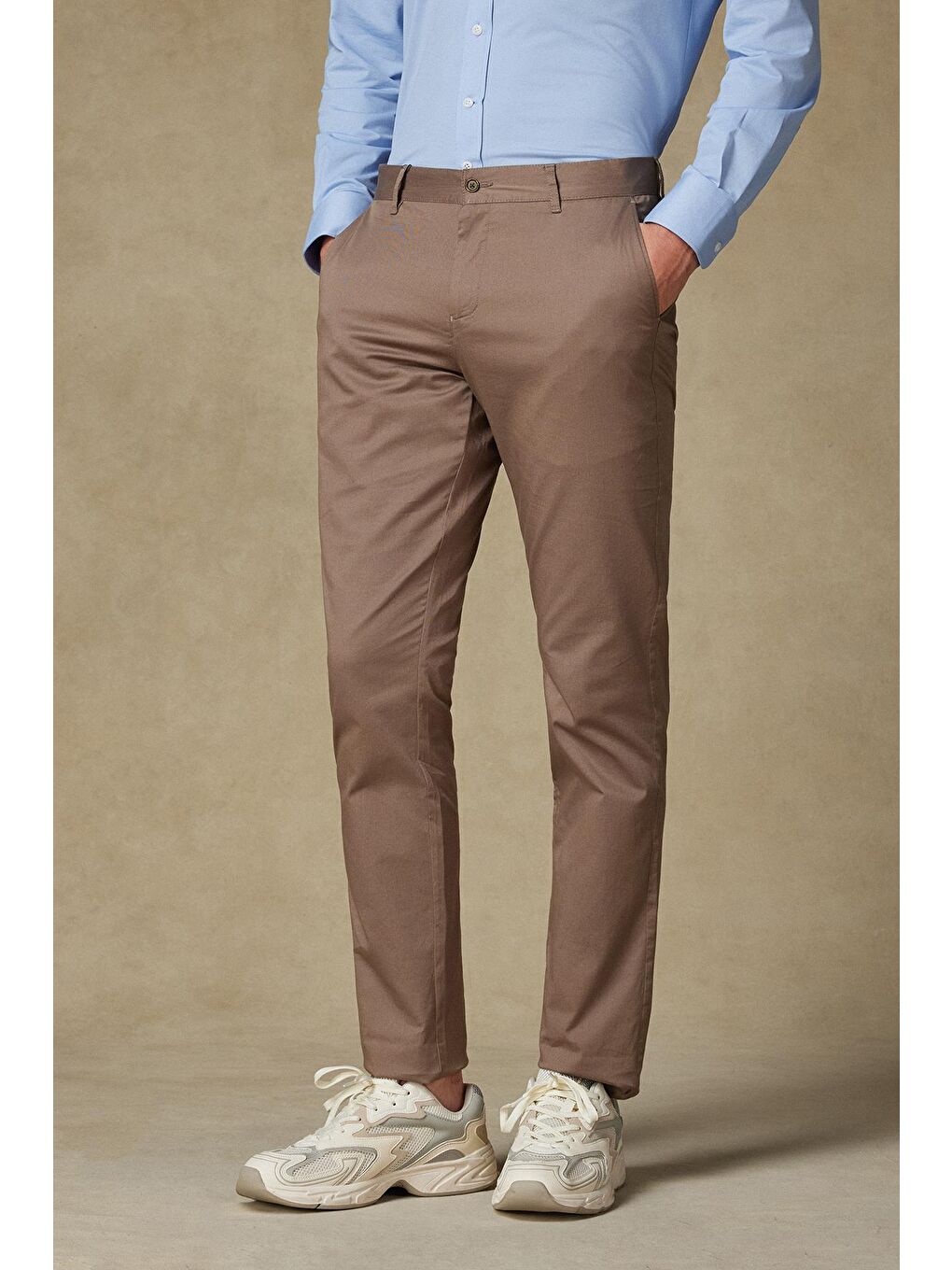 Chino Twill Pamuk Karışımlı Slim Fit Haki Erkek Düz Pantolon-1