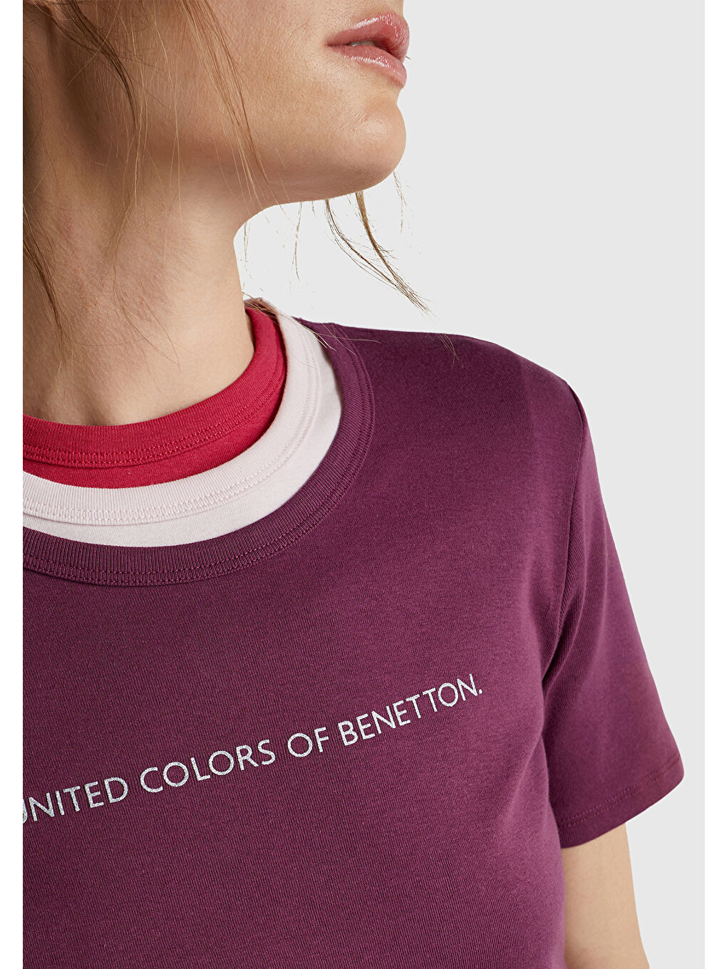 Kadın Mürdüm %100 Pamuk Benetton Yazılı Basic T-Shirt-4