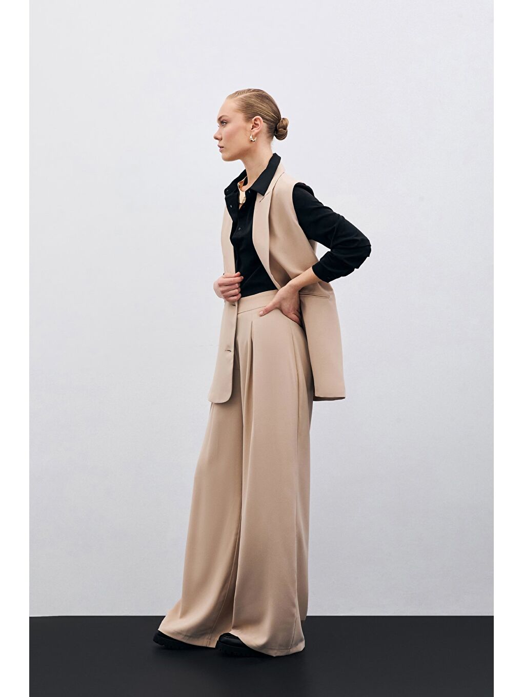 Yüksek Bel Bol Paça Pantolon - Bej-2