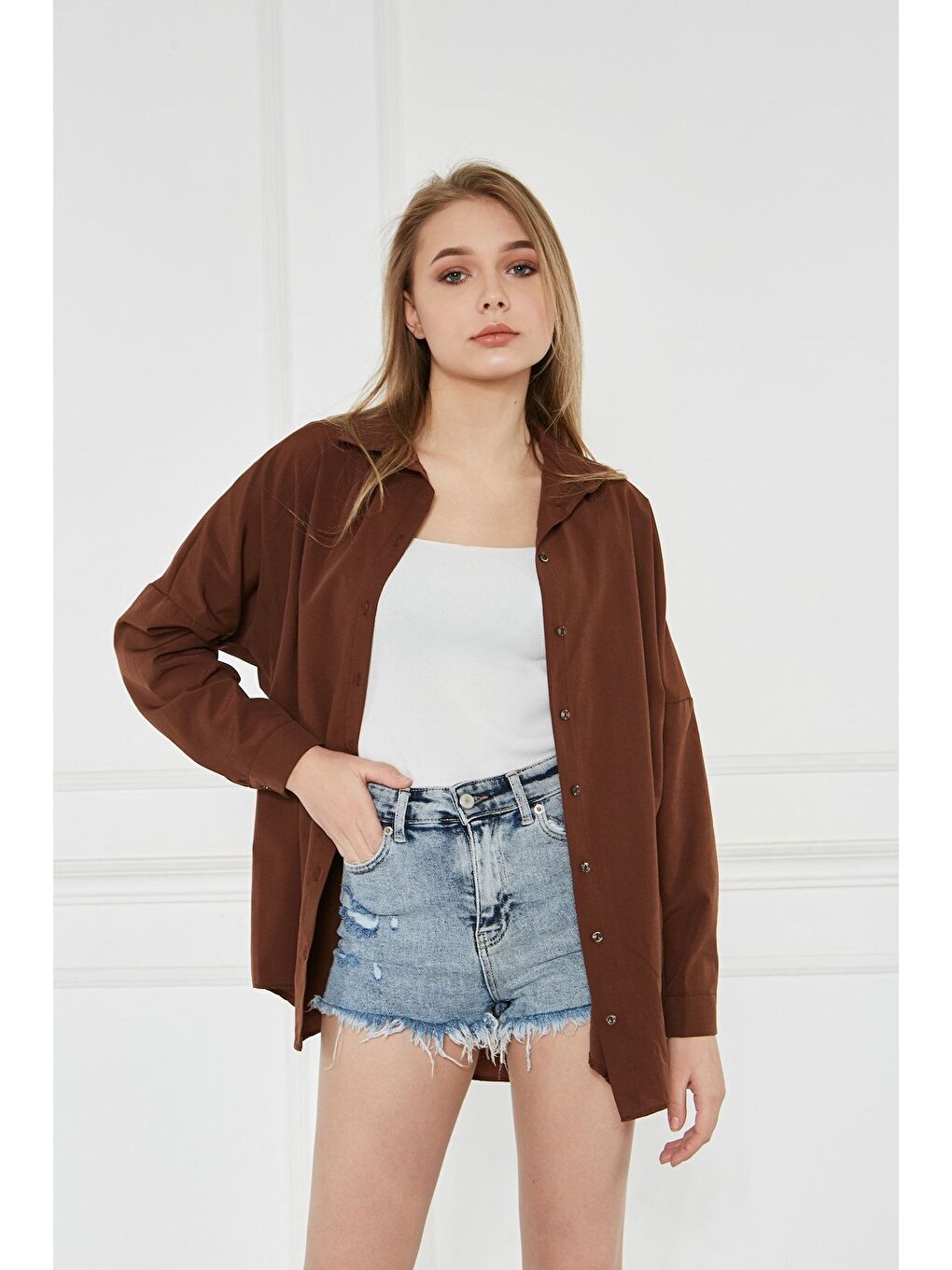 Kahverengi Kadın Oversize Uzun Basic Kahve Gömlek-1