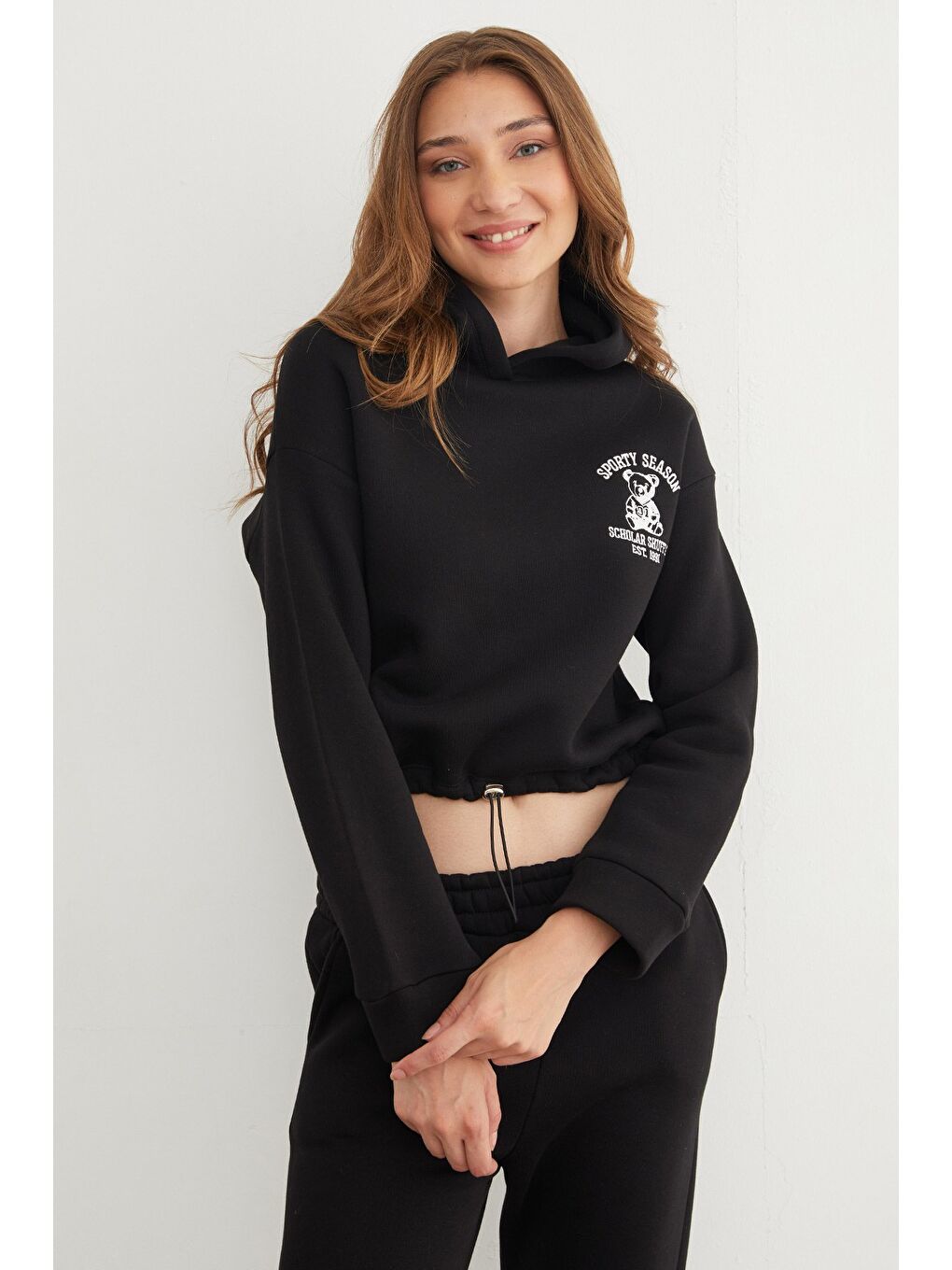 Siyah 3 İplik Ayıcık Nakışlı Kapüşonlu Jogger Takım-4