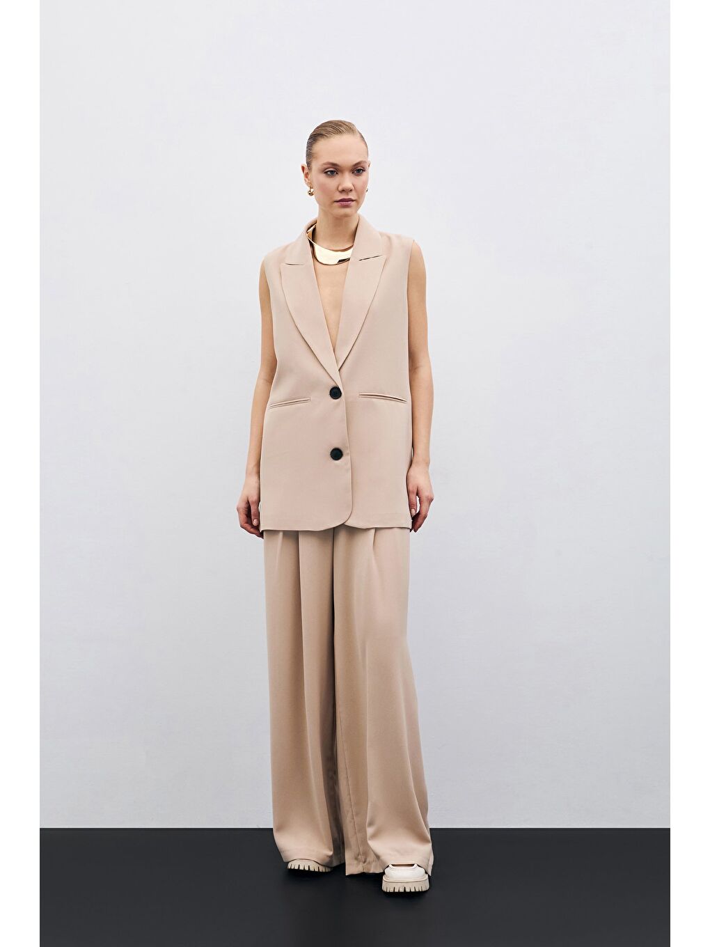 Yüksek Bel Bol Paça Pantolon - Bej-3