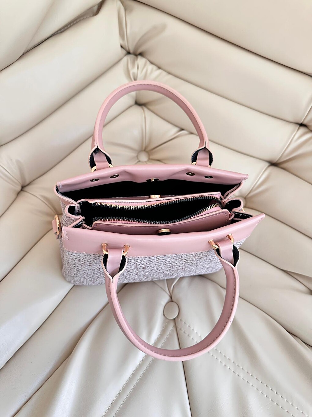 Pembe Sabit Askı Tasarımlı Kadın Çapraz Çanta Noir Keten Pudra-2
