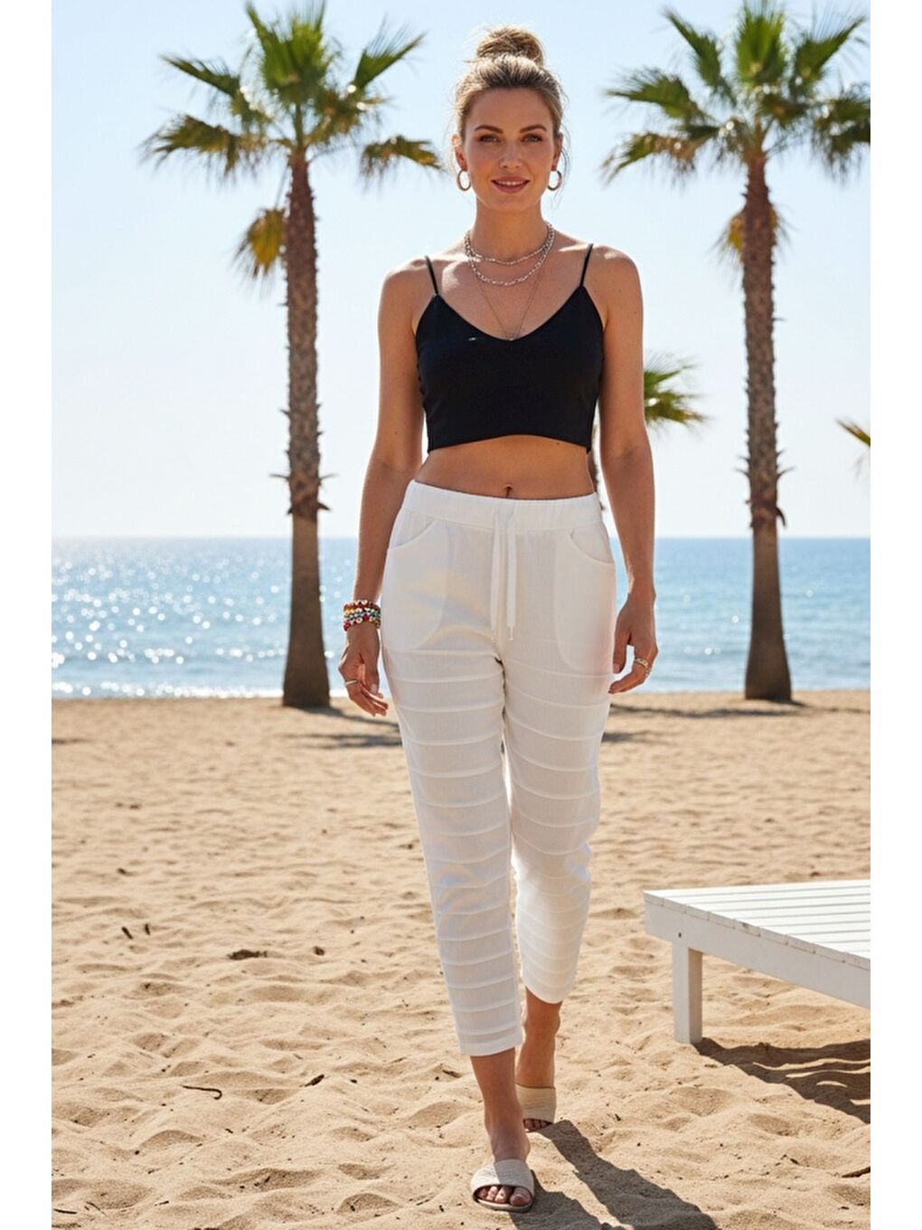 Beyaz Cepli Yıkamalı Lastikli Ve Bağlamalı Bel Dar Paça Casual Dokuma Pantolon 99 60-1