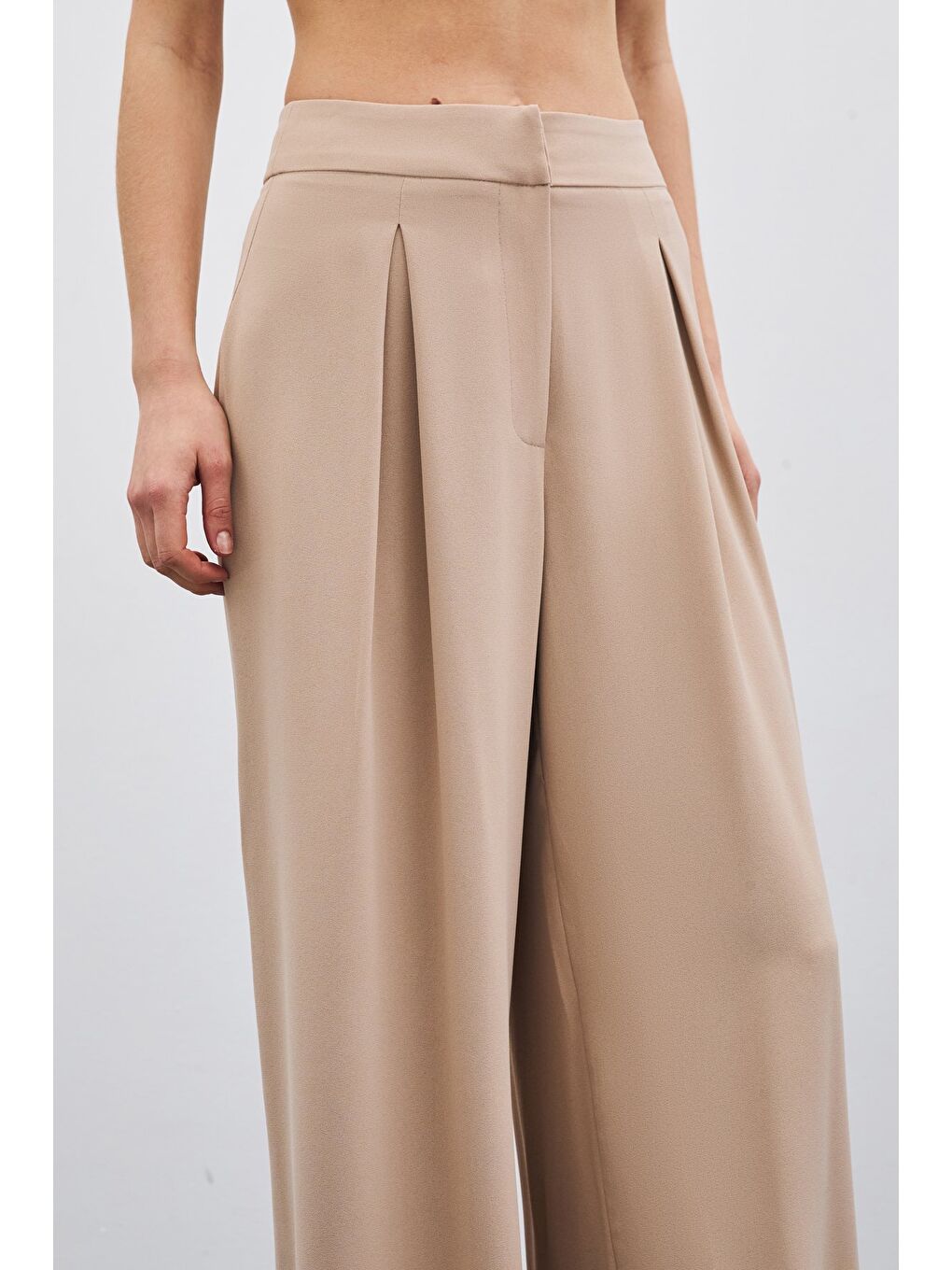 Yüksek Bel Bol Paça Pantolon - Bej-5