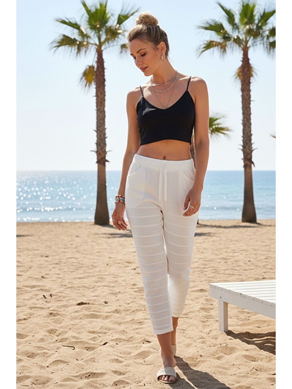 Beyaz Cepli Yıkamalı Lastikli Ve Bağlamalı Bel Dar Paça Casual Dokuma Pantolon 99 60-2