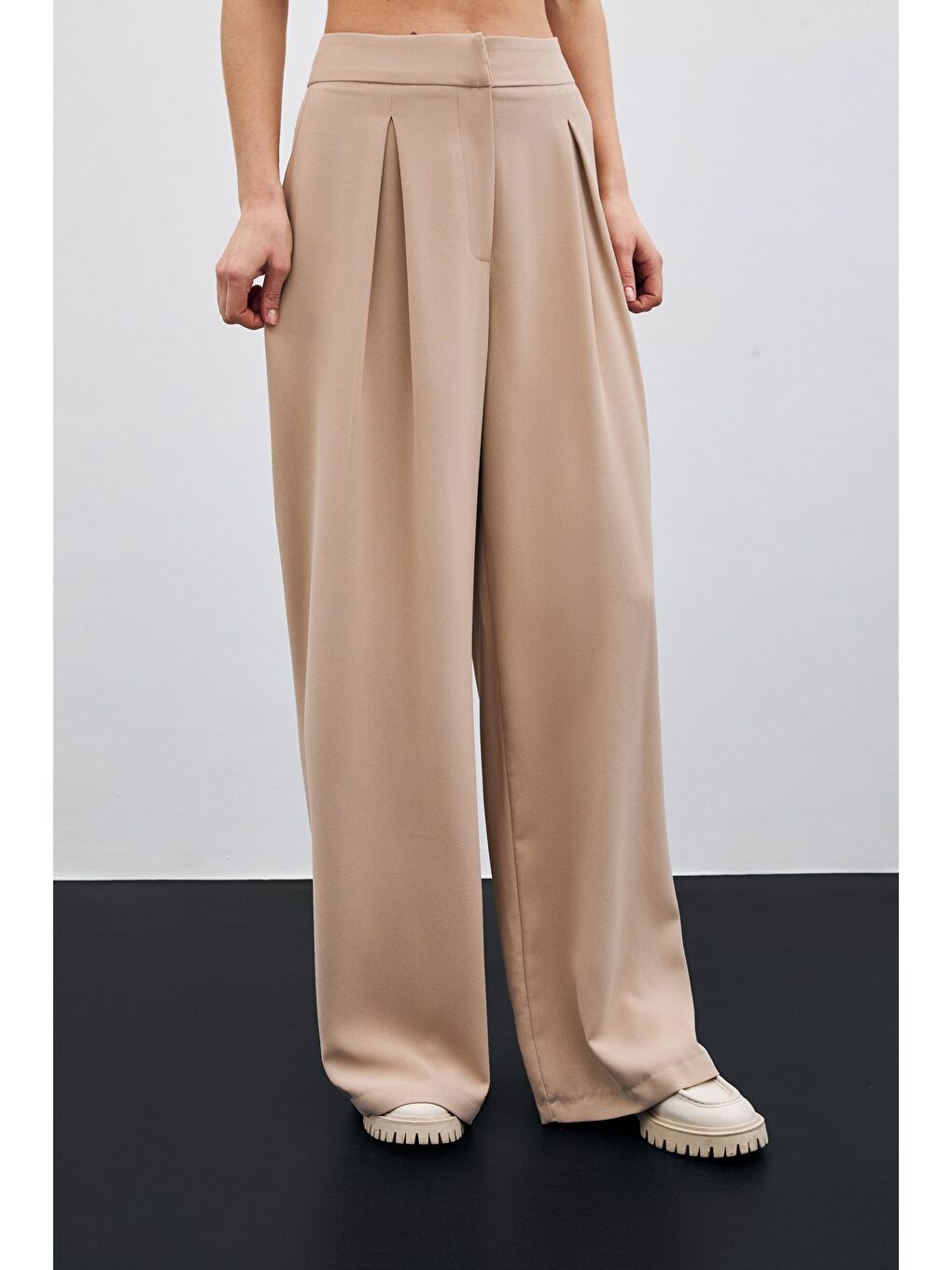 Yüksek Bel Bol Paça Pantolon - Bej-6