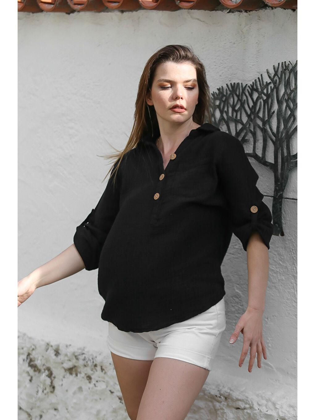 Siyah Gömlek Yaka Düğmeli Uzun Kollu Cepli Casual Müslin Arkası Uzun Dokuma Bluz 70 66-3