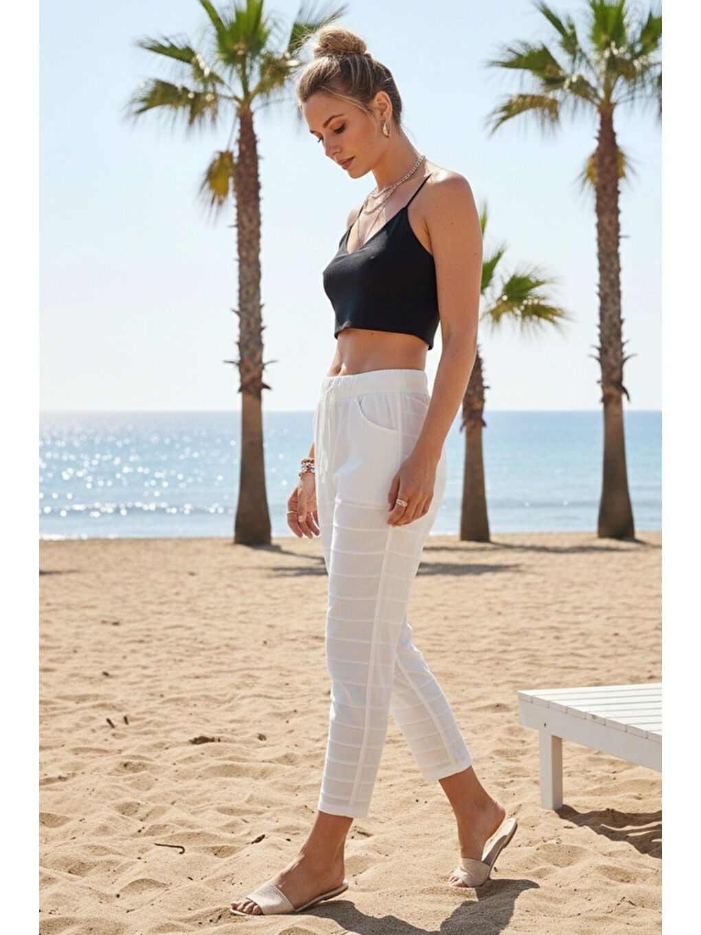 Beyaz Cepli Yıkamalı Lastikli Ve Bağlamalı Bel Dar Paça Casual Dokuma Pantolon 99 60-3