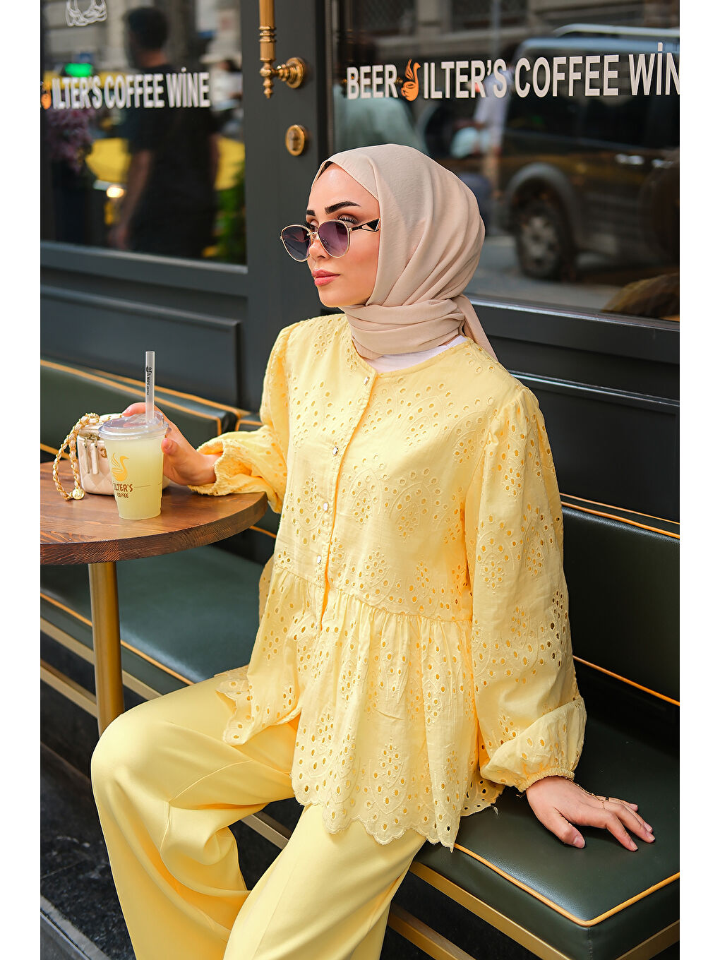 Kadın Yüksek Bel Palazzo Pantolon Sarı-1