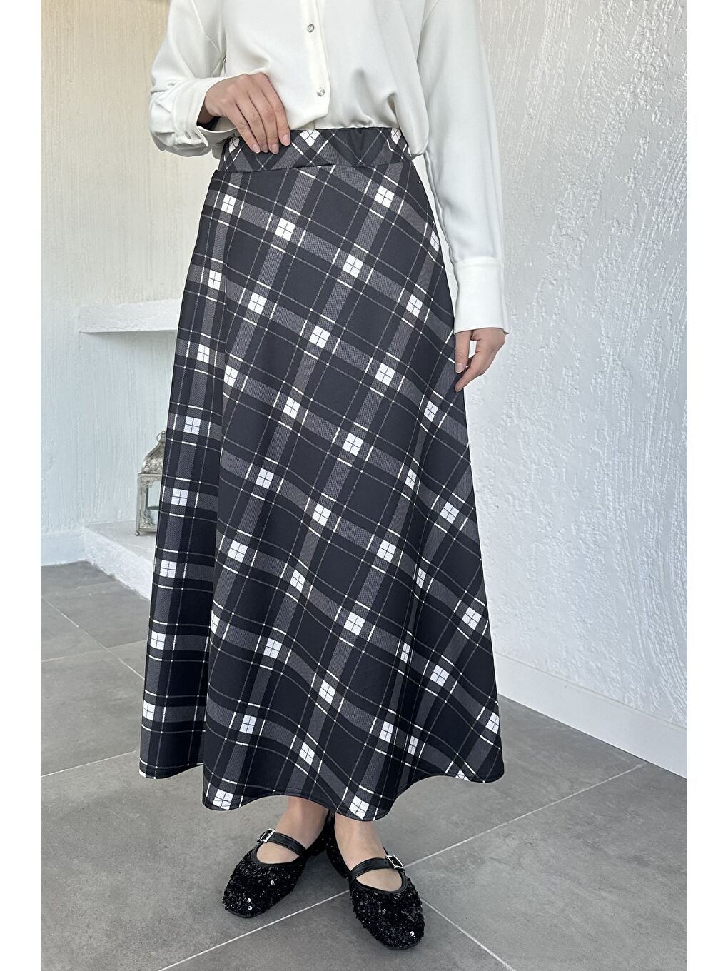 Siyah Kadın Ekose Desenli Tesettür Etek-3