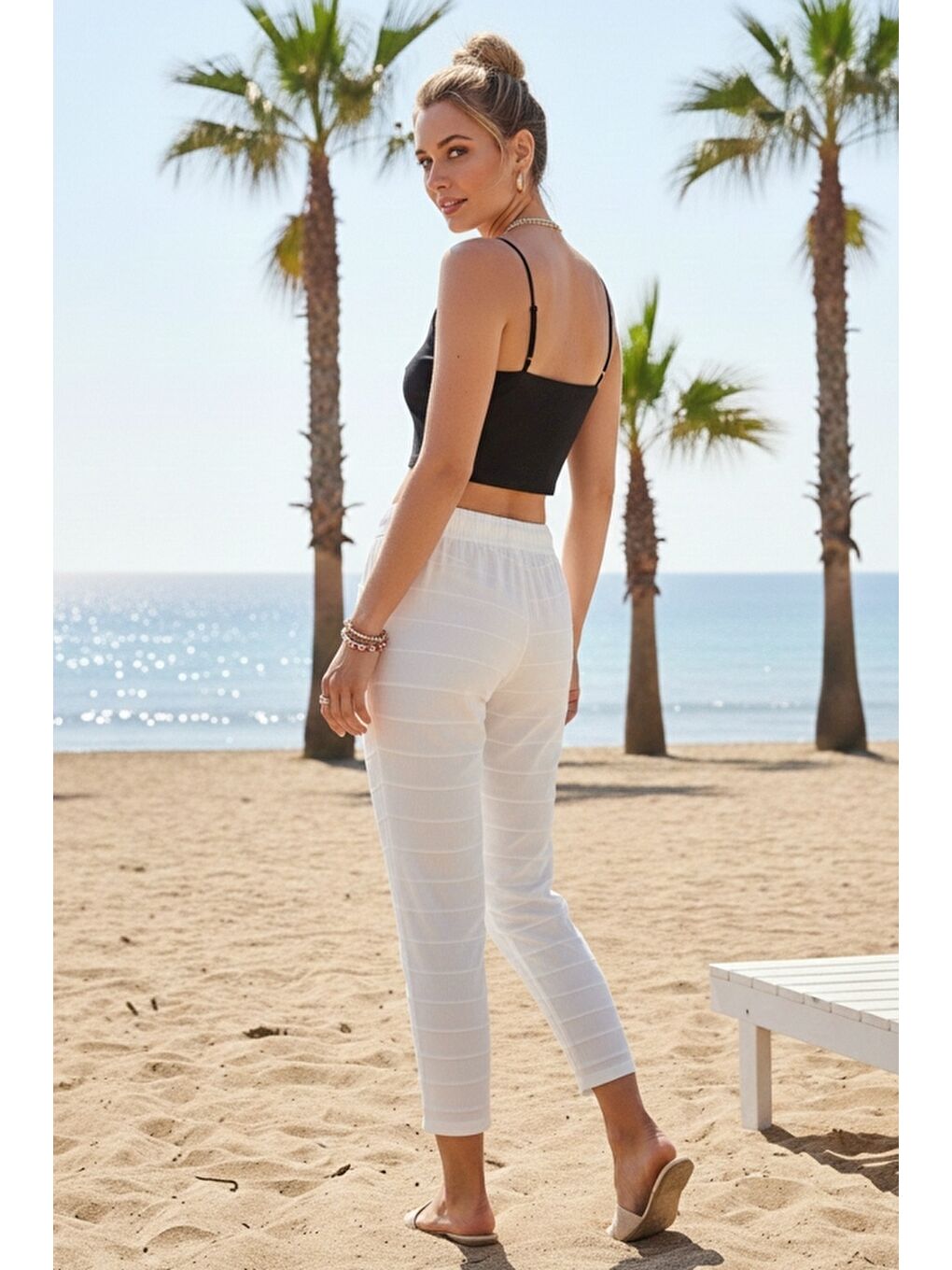 Beyaz Cepli Yıkamalı Lastikli Ve Bağlamalı Bel Dar Paça Casual Dokuma Pantolon 99 60-4