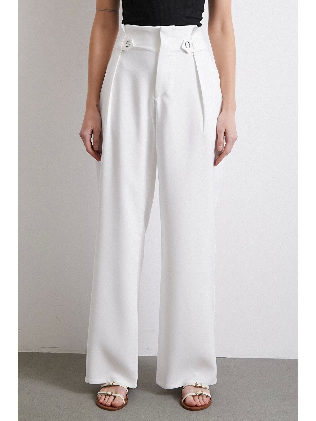 Never More Bel Detaylı Wide Leg Pantolon Ekru - 3