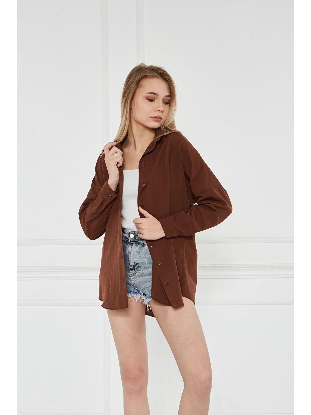 Kahverengi Kadın Oversize Uzun Basic Kahve Gömlek-3
