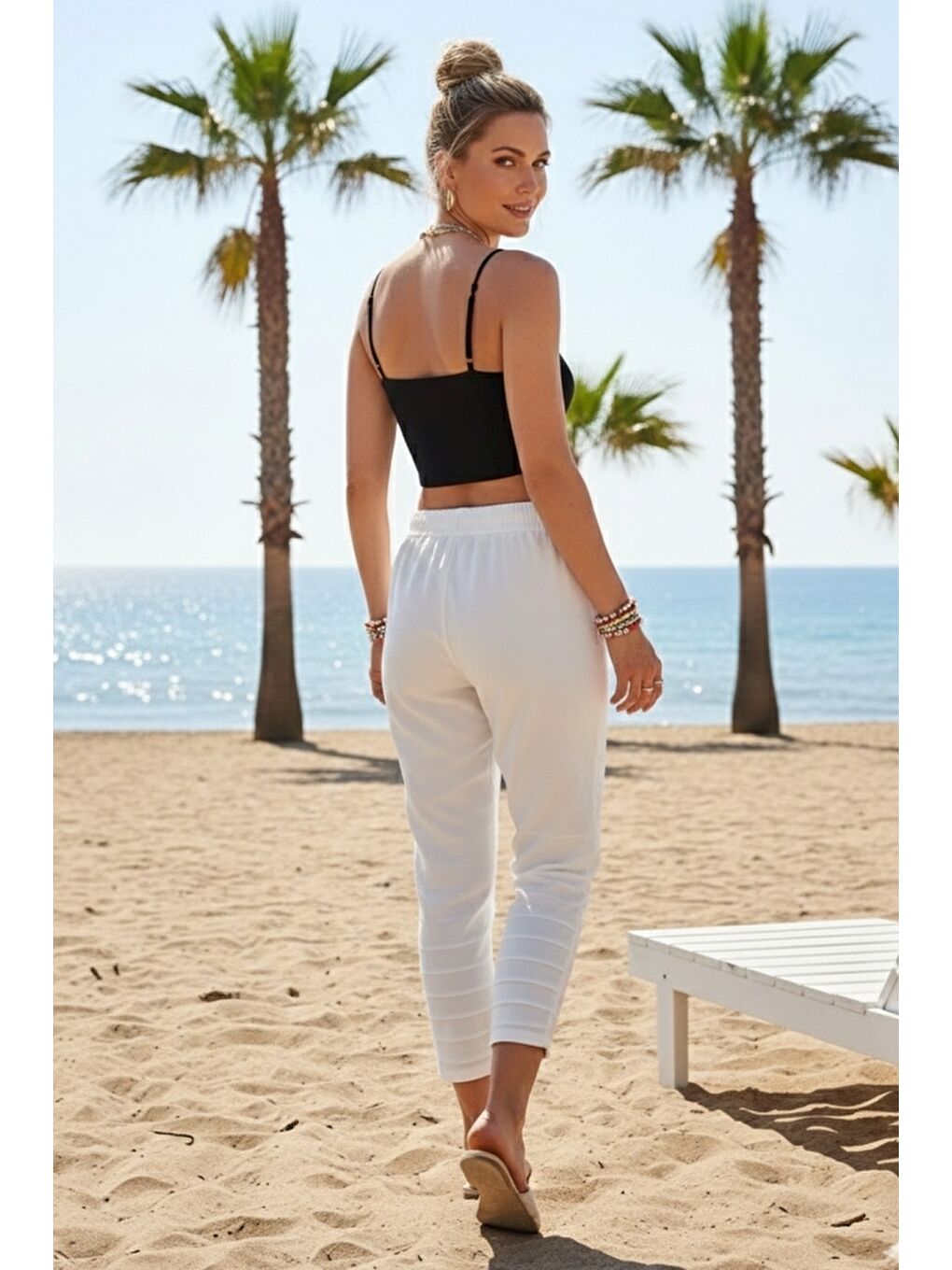 Beyaz Cepli Yıkamalı Lastikli Ve Bağlamalı Bel Dar Paça Casual Dokuma Pantolon 99 60-6