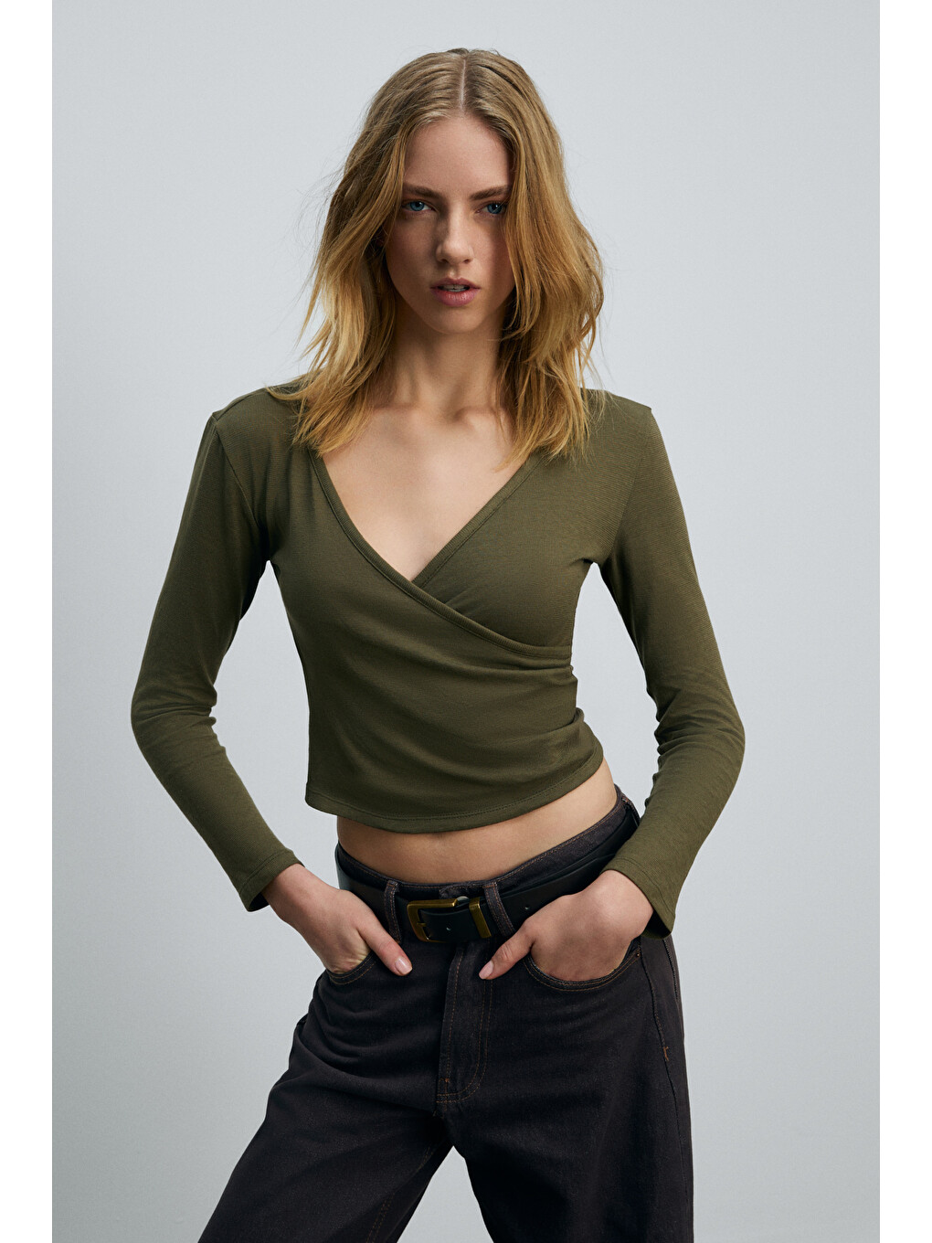 Callorıa Kadın V Yakalı Uzun Kollu Slim Fit Haki Bluz