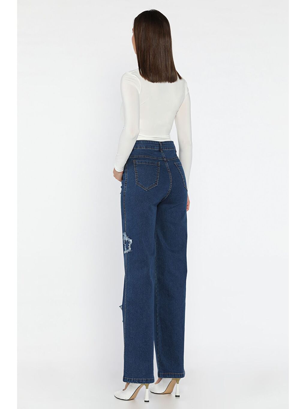 Lacivert Kadın Yüksek Bel Yıldız Figürlü Elastanlı Palazzo Jean Pantolon-2