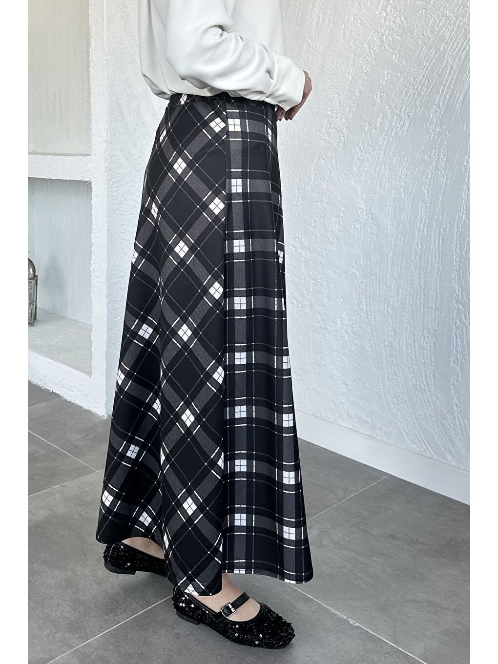 Siyah Kadın Ekose Desenli Tesettür Etek-5