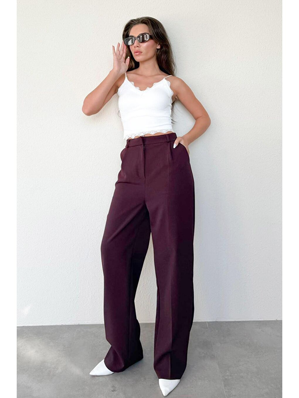 Mürdüm Yüksek Bel Kadın Palazzo Pantolon Mg2506-3