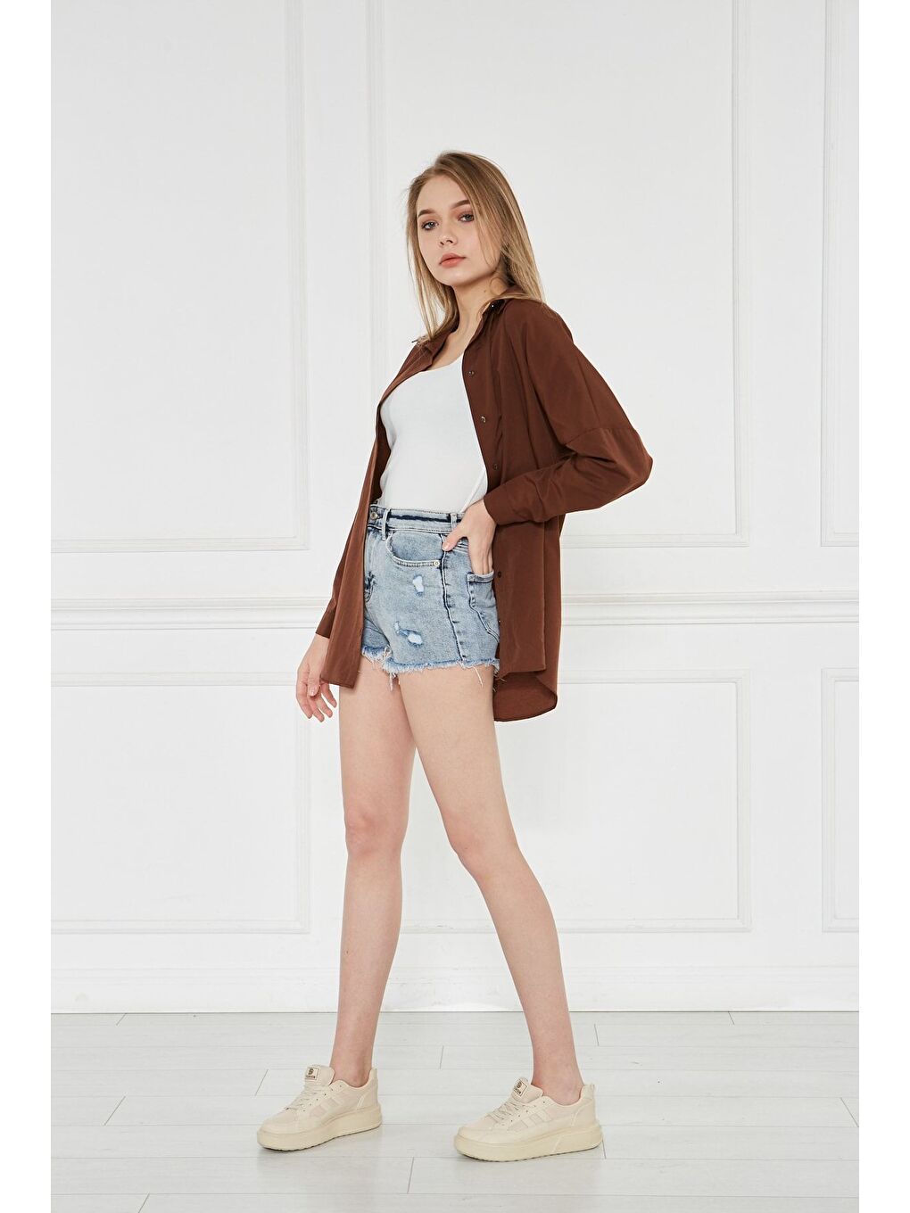Kahverengi Kadın Oversize Uzun Basic Kahve Gömlek-4