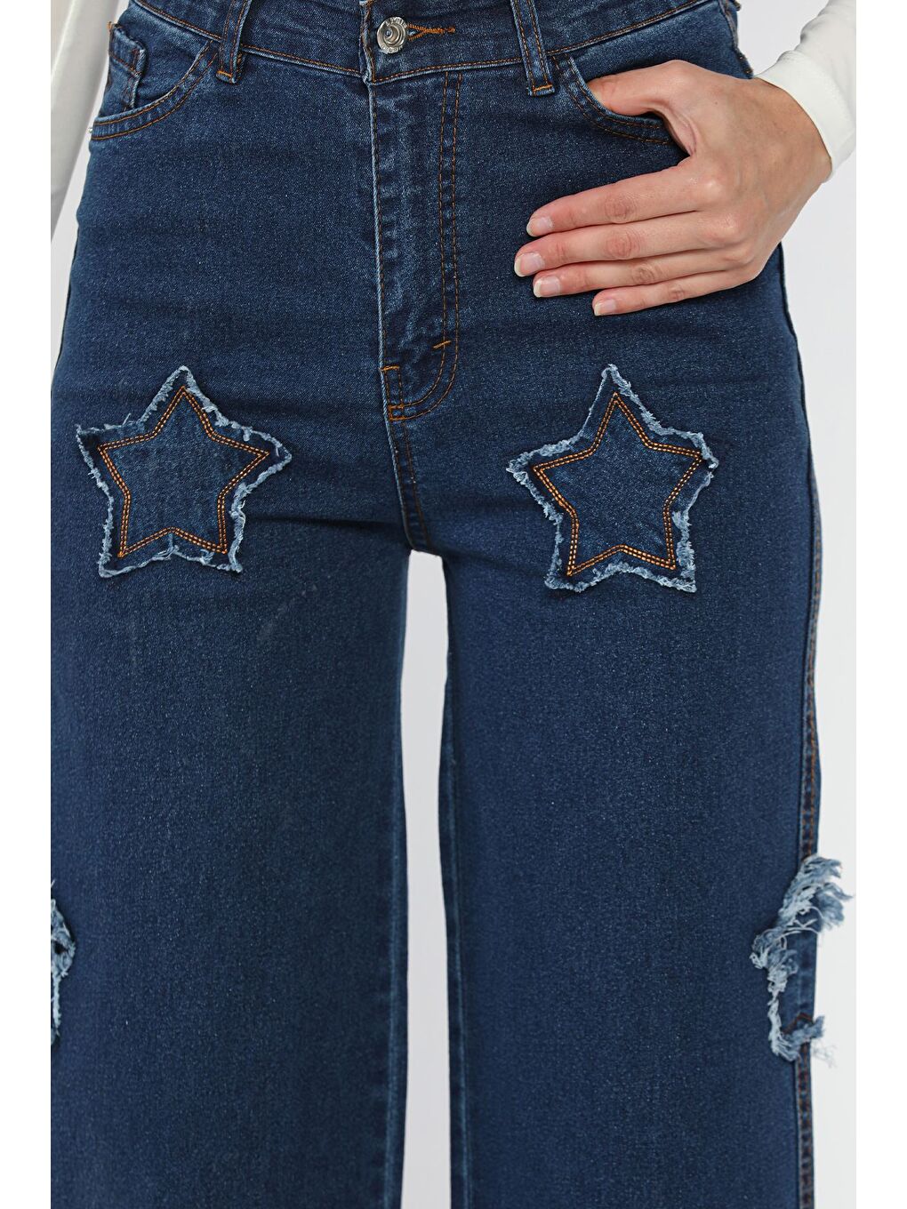 Lacivert Kadın Yüksek Bel Yıldız Figürlü Elastanlı Palazzo Jean Pantolon-3