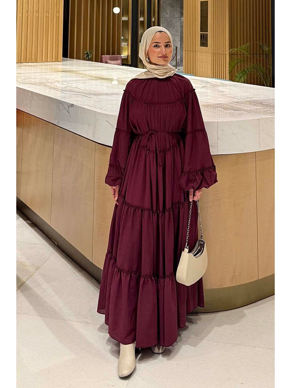 Fırfır Detaylı Tesettür Elbise Patlıcan Moru