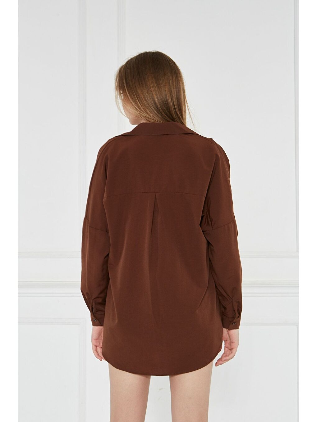 Kahverengi Kadın Oversize Uzun Basic Kahve Gömlek-5