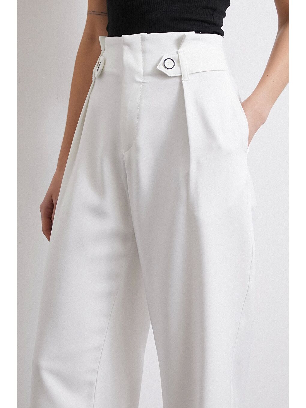 Never More Bel Detaylı Wide Leg Pantolon Ekru - 4