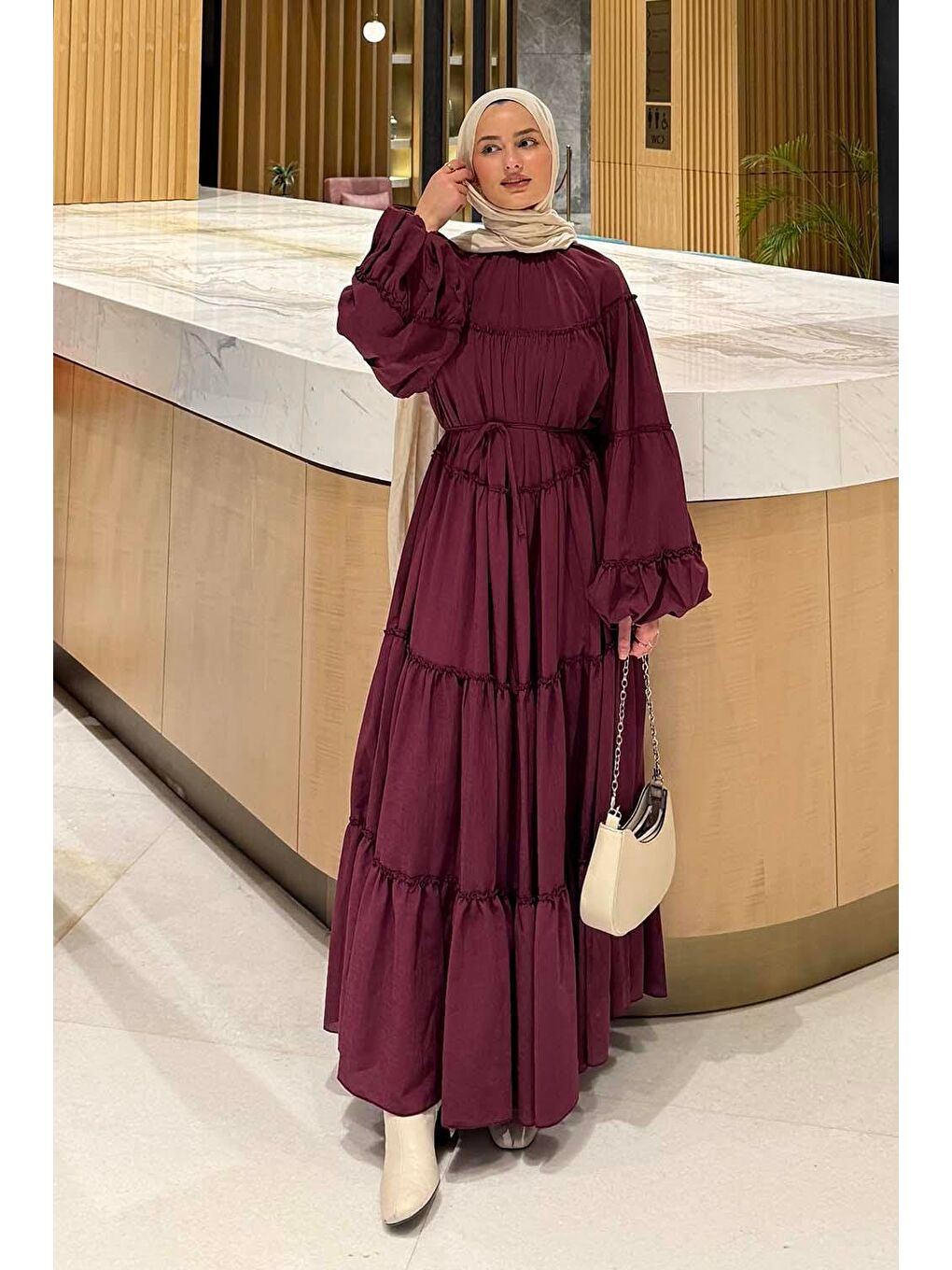 Fırfır Detaylı Tesettür Elbise Patlıcan Moru-1