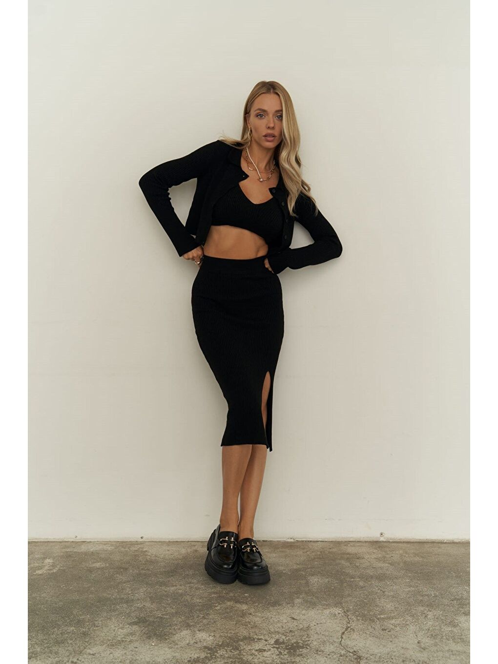 Crochel Siyah Üçlü Triko Takım