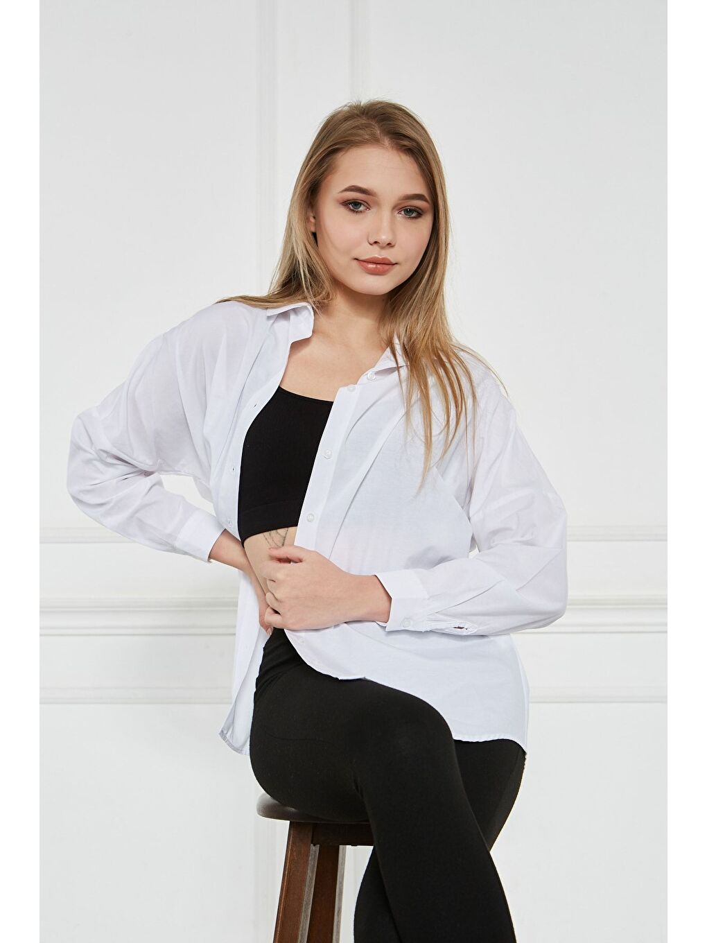 Kadın Oversize Uzun Basic Beyaz Gömlek-2