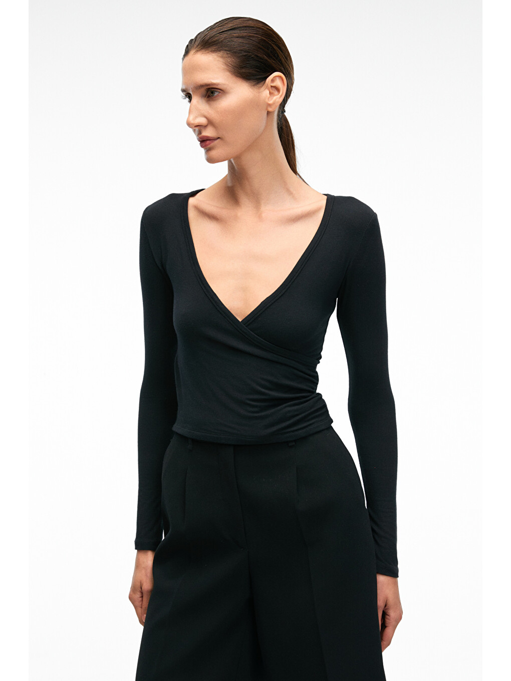 Callorıa Kadın V Yakalı Uzun Kollu Slim Fit Siyah Bluz-1