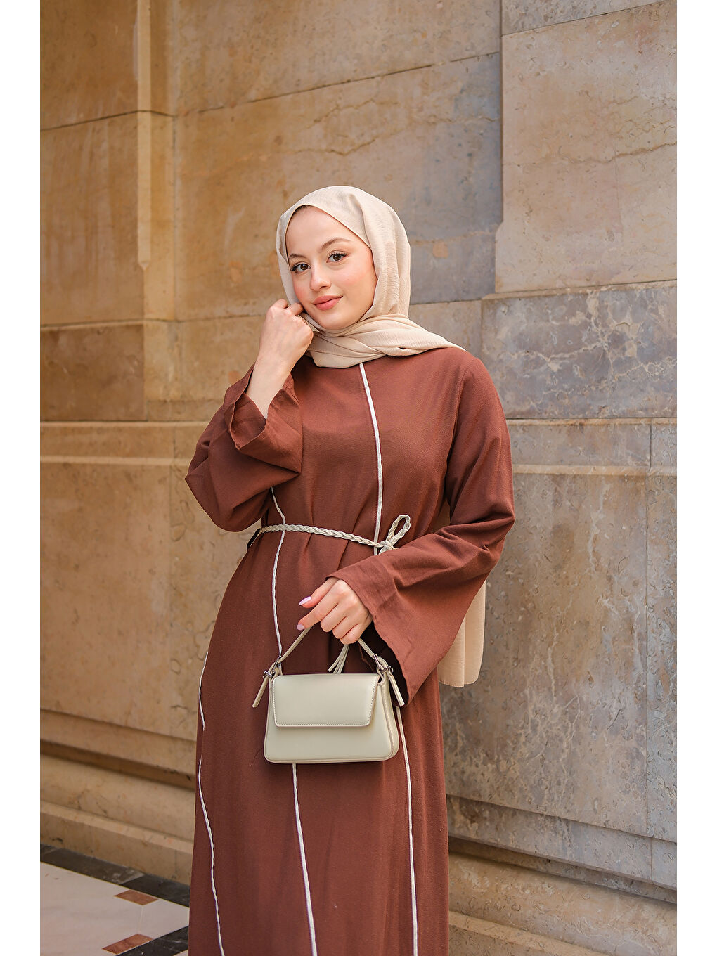 Kadın Hasır Kemerli Elbise Kahverengi-3