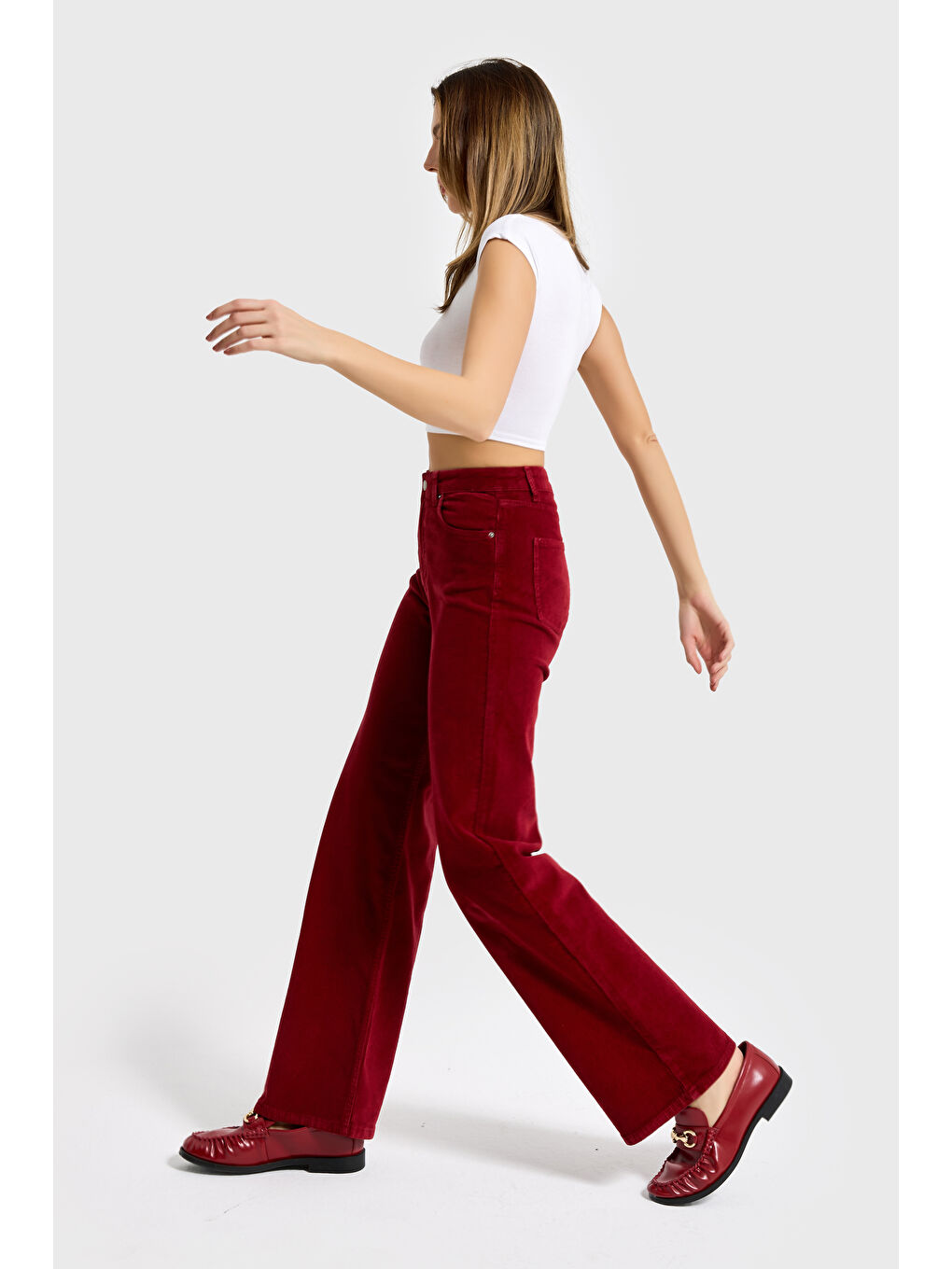 Kadın Bordo 29w5-35 Straight Cropped Fit Elastan Velvet Kadife Kumaş Pantolon-1