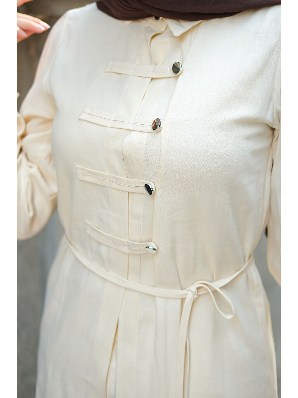 Kadın Düğme Detay Takım Bej-3