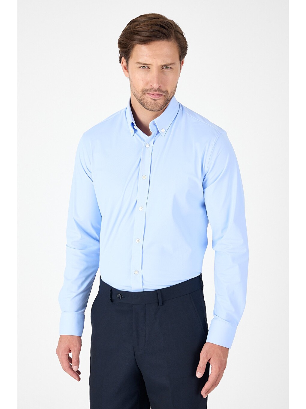 Koyu Mavi Uzun Kol Düğmeli Yaka Cepsiz Performans Ürün Slim Fit Gömlek 1004250270