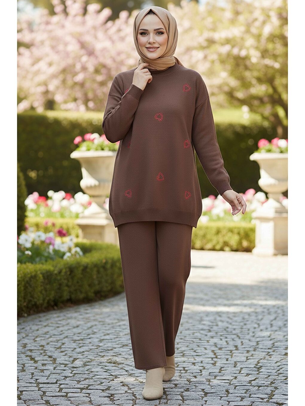 Kahverengi Kalp Detaylı Triko İkili Takım Kahve - 28124-KAHVE-1