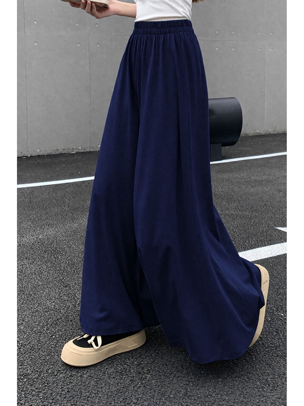 Lacivert Kadın 2 İplik Oversize Bol Paça Tasarım Eşofman Altı Yüksek Bel Rahat Model