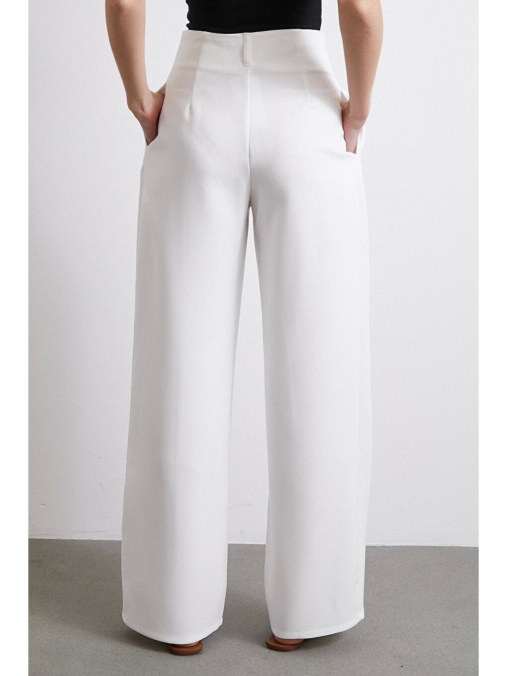 Never More Bel Detaylı Wide Leg Pantolon Ekru - 5