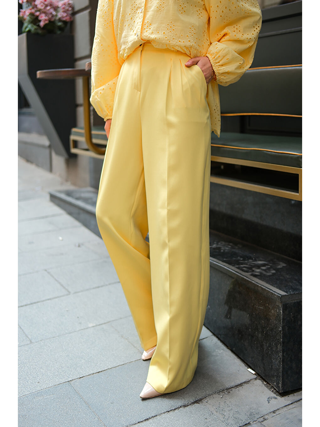 Kadın Yüksek Bel Palazzo Pantolon Sarı-2