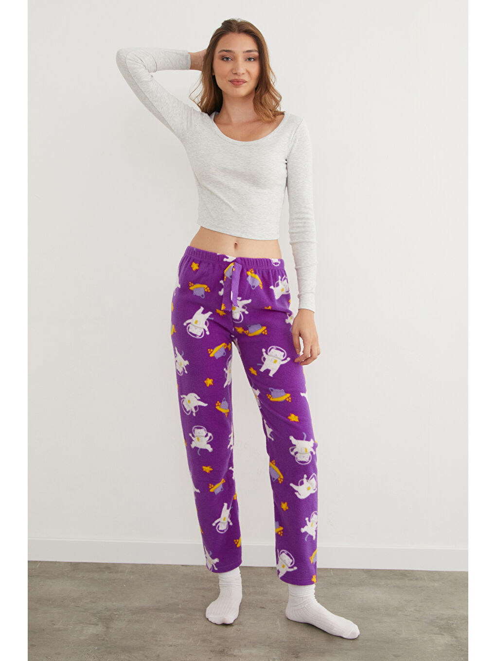 Mor Kedi Desenli Polar Pijama Altı-3