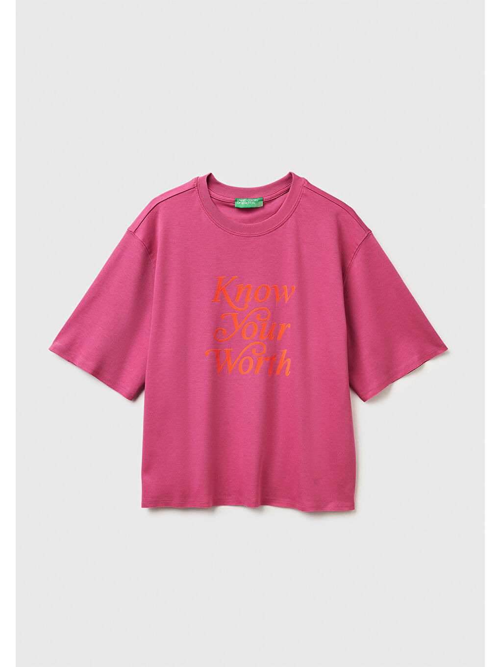 Kadın Koyu Pembe %100 Pamuk Önü Yazı Baskılı Bisiklet Yaka T-Shirt-1
