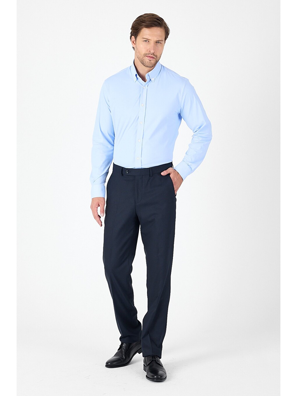 Koyu Mavi Uzun Kol Düğmeli Yaka Cepsiz Performans Ürün Slim Fit Gömlek 1004250270-1