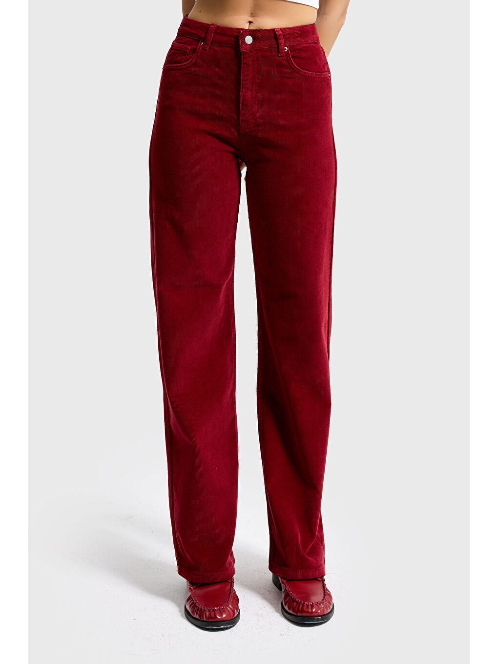 Kadın Bordo 29w5-35 Straight Cropped Fit Elastan Velvet Kadife Kumaş Pantolon-2